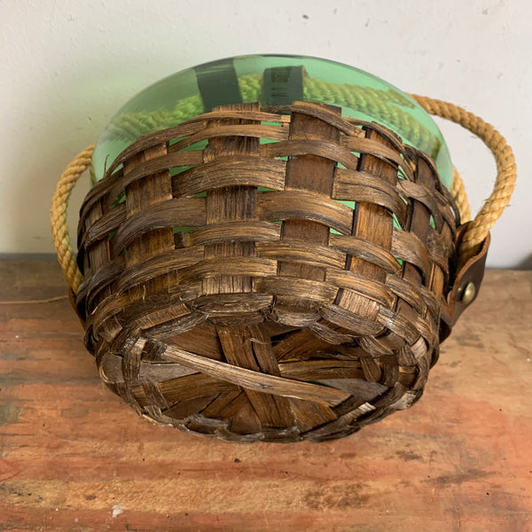 Vintage Schale aus grünem Glas mit Korbgeflecht Vetro Verde di Empoli