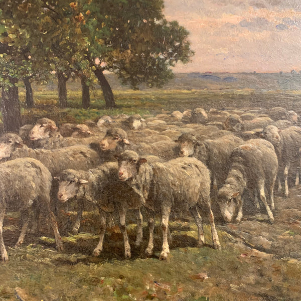 Ölgemälde Schafweide und Hirte in weiter Wiesenlandschaft von Felix Brissot de Warwille