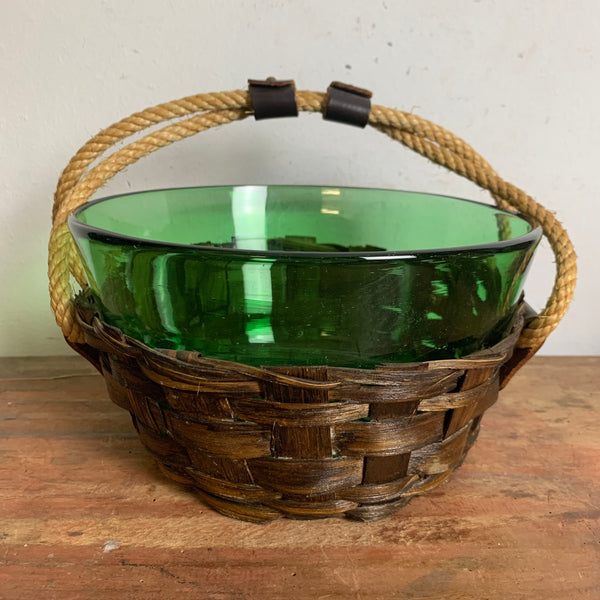 Vintage Schale aus grünem Glas mit Korbgeflecht Vetro Verde di Empoli