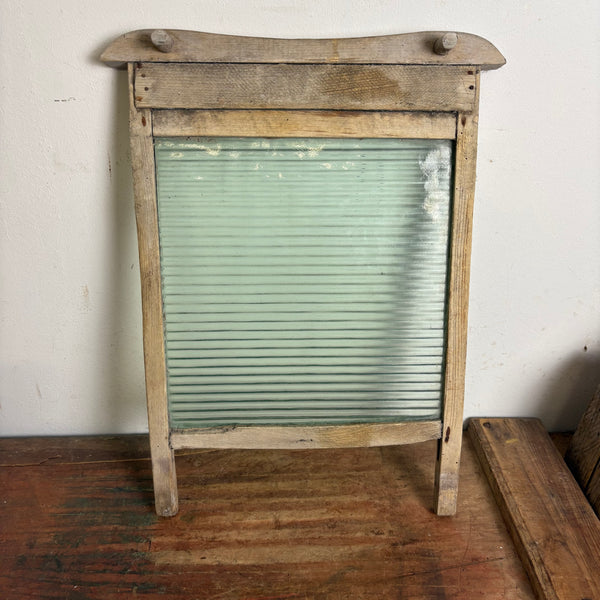 Antikes Waschbrett aus Glas und Holz
