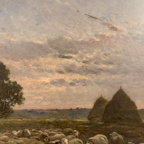 Ölgemälde Schafweide und Hirte in weiter Wiesenlandschaft von Felix Brissot de Warwille