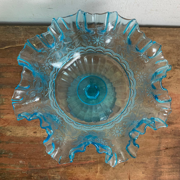 Art Deco Rüschenschale aus blauem Pressglas