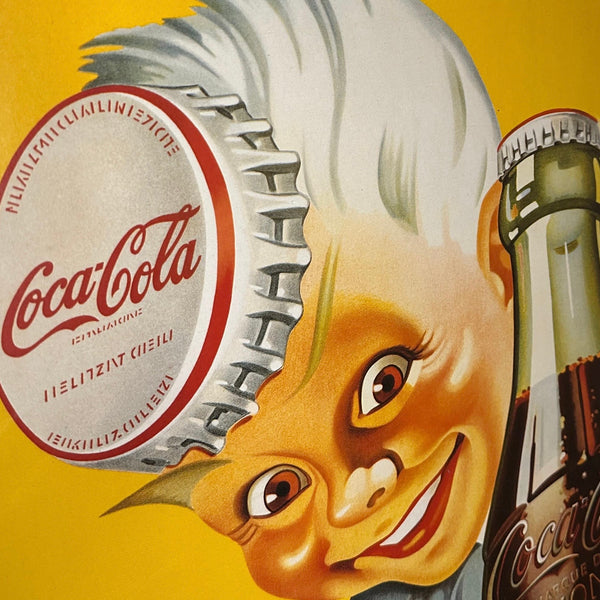 Vintage sehr seltenes Werbeschild Coca-Cola Sprite Boy mit Kronkorken