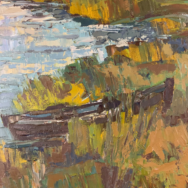 Ölgemälde Flusslandschaft mit Boot von Klaus Heckert