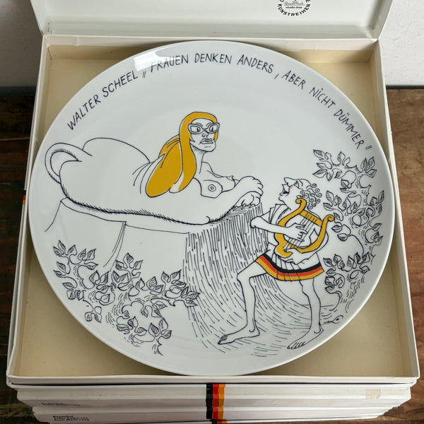 Komplette Serie 12 Vintage Satire Teller von Ernst Lang Maria Lang für Rosenthal