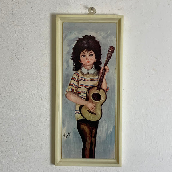 Vintage Bild Big Eye Print Mädchen mit Gitarre