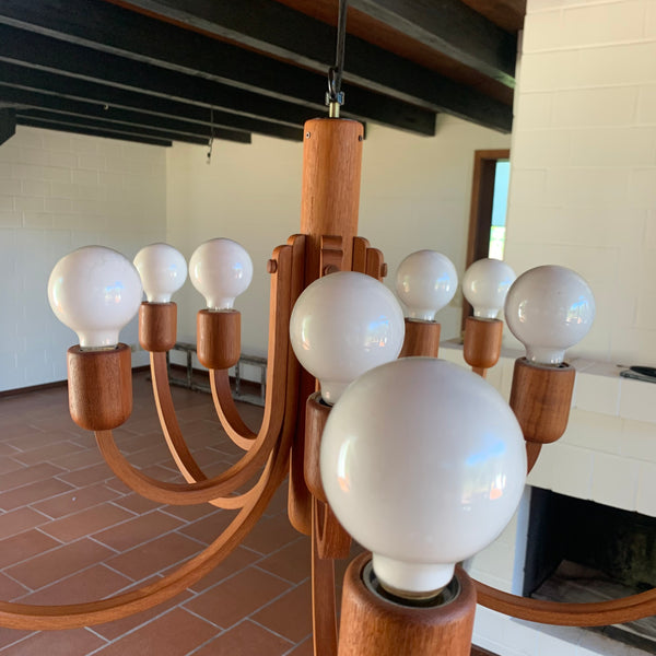 Vintage Teakholz Kronleuchter zehnarmig im dänischen Design von Domus Leuchten