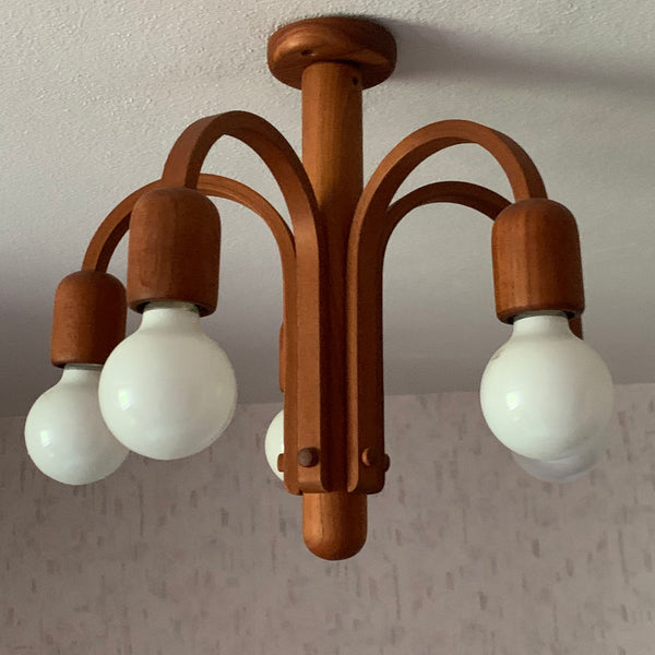 Vintage Teakholz Kronleuchter fünfarmig im dänischen Design von Domus Leuchten