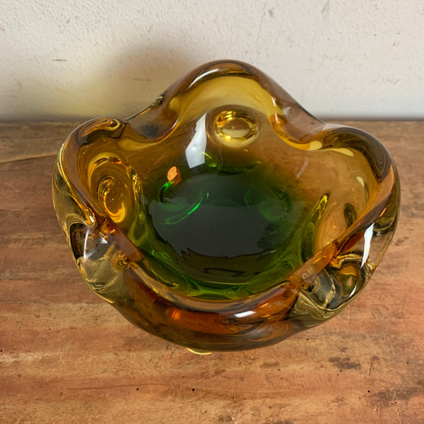 Vintage Zweifarbiger Murano Aschenbecher grün bernsteinfarben
