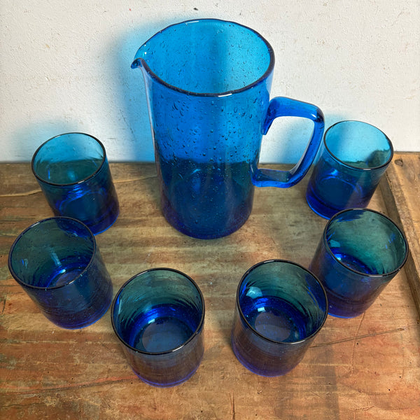 Vintage blauer Bubble Saft Krug 6 Gläser