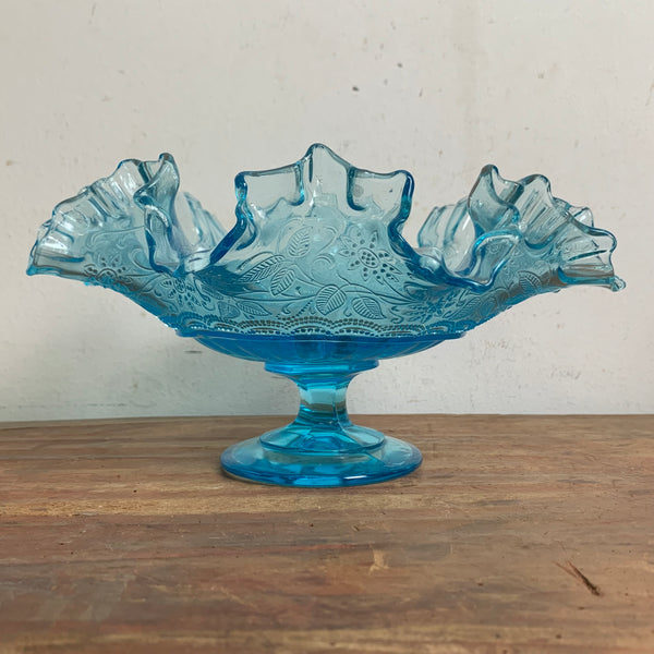 Art Deco Rüschenschale aus blauem Pressglas
