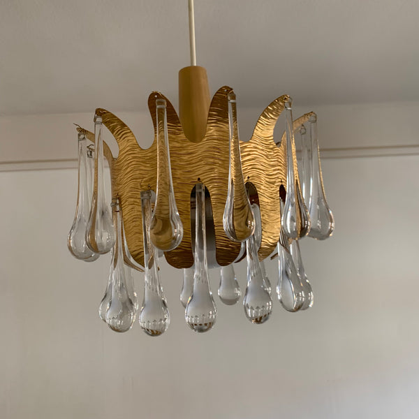 Vintage Kronleuchter Teardrop Crystals von Ernst Palme für Palwa vergoldet Metall und Murano Glas
