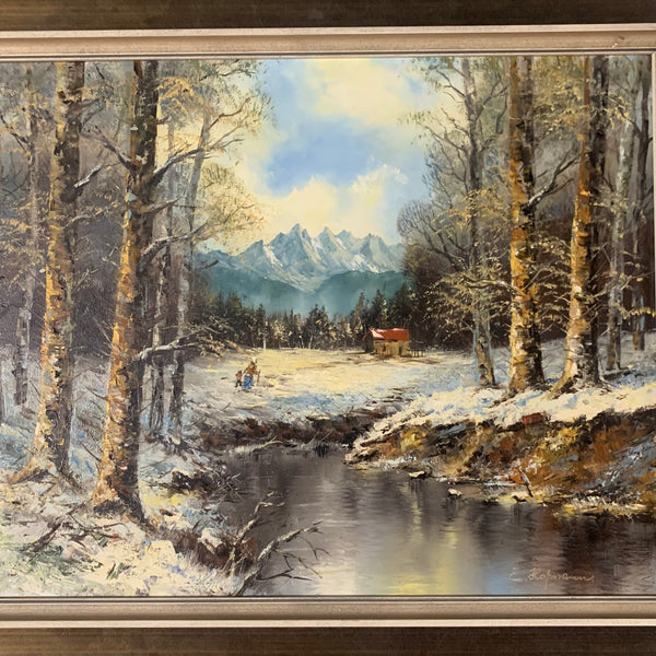 Ölgemälde Winterliche Flusslandschaft von E. Hoffmann