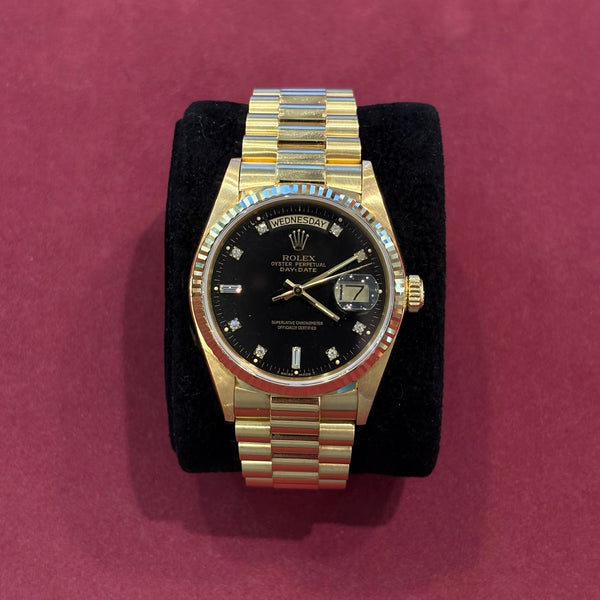 Rolex Day-Date 36 mm Vollgold Ref. 18038 – Schwarzes Diamant-Zifferblatt – Full Set