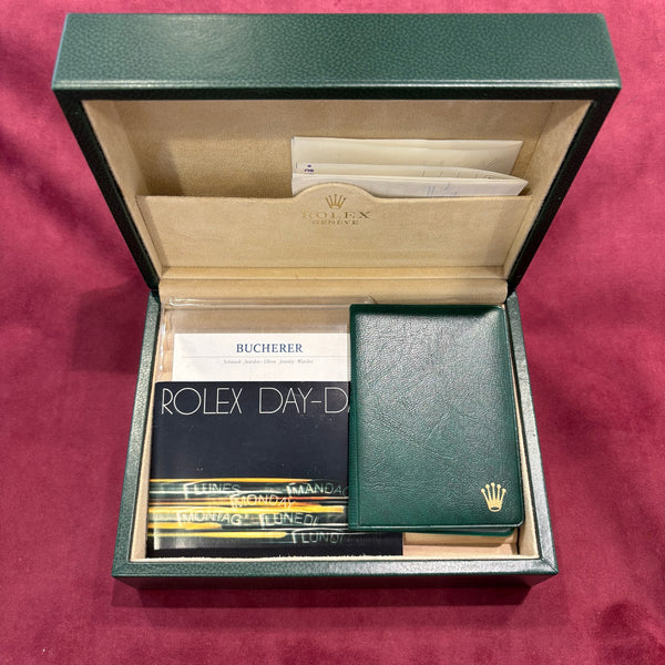 Rolex Day-Date 36 mm Vollgold Ref. 18038 – Schwarzes Diamant-Zifferblatt – Full Set