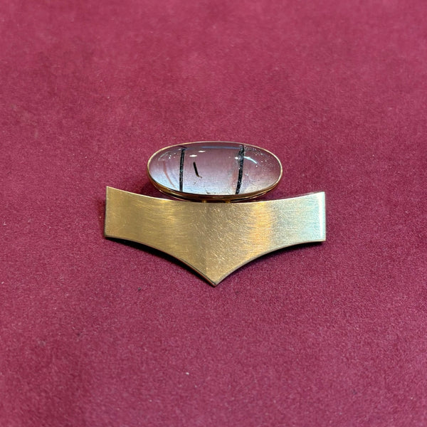 Design Brosche aus 585 Gelbgold mit ovalem Cabochon – elegante Vintage Goldbrosche