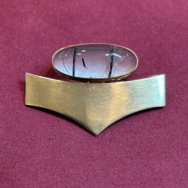Design Brosche aus 585 Gelbgold mit ovalem Cabochon – elegante Vintage Goldbrosche