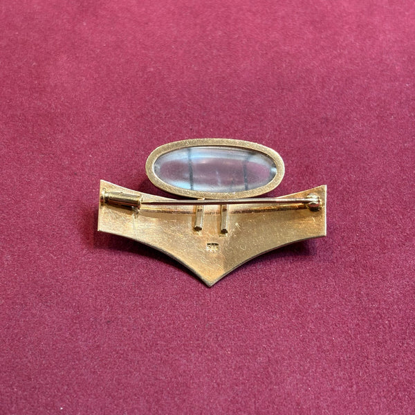 Design Brosche aus 585 Gelbgold mit ovalem Cabochon – elegante Vintage Goldbrosche