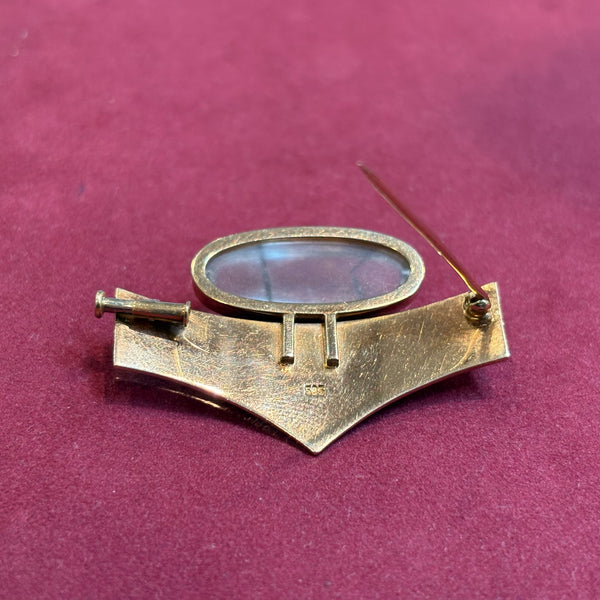 Design Brosche aus 585 Gelbgold mit ovalem Cabochon – elegante Vintage Goldbrosche