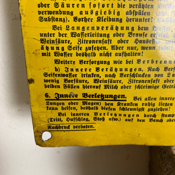 Blechschild Anleitung zur ersten Hilfe bei Unfällen von 1937