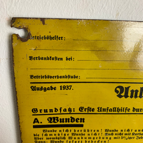 Blechschild Anleitung zur ersten Hilfe bei Unfällen von 1937