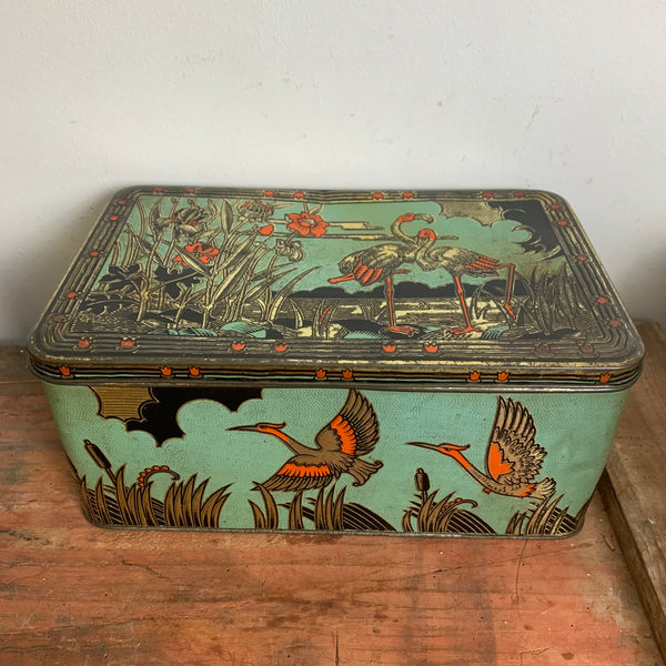 Art Deco Blechdose mit Kranichen und Flamingos