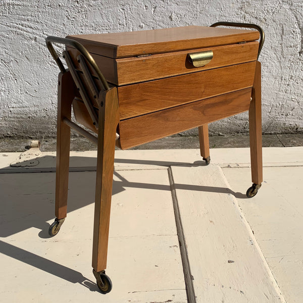 Mid Century Nähkasten aus Holz mit Ziehharmonika Schubladen