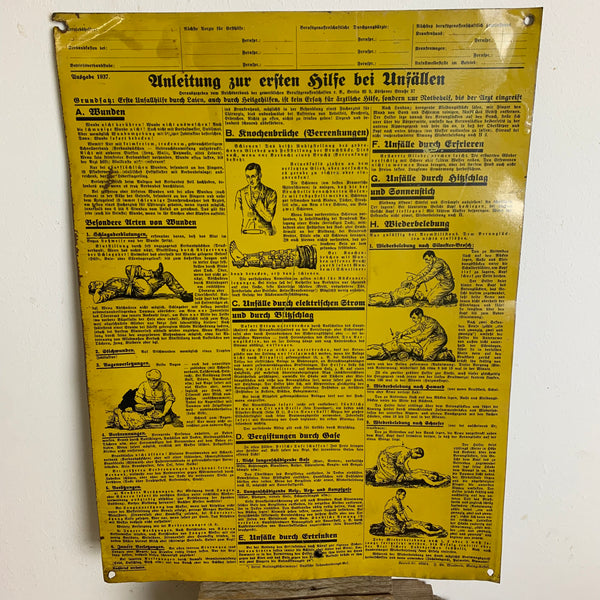 Blechschild Anleitung zur ersten Hilfe bei Unfällen von 1937