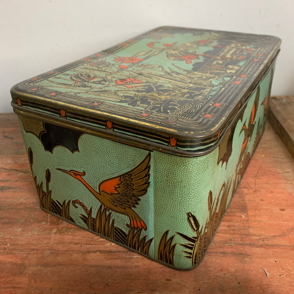 Art Deco Blechdose mit Kranichen und Flamingos