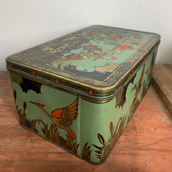 Art Deco Blechdose mit Kranichen und Flamingos
