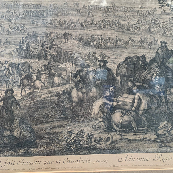 Antiker Stahlstich Arriuée du Roy Douay