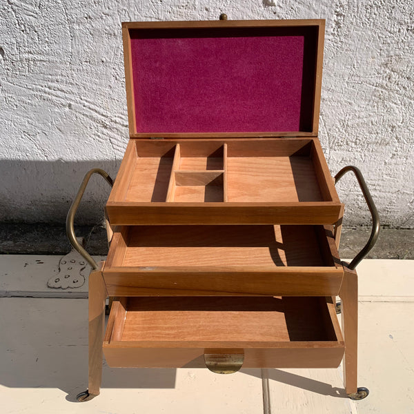 Mid Century Nähkasten aus Holz mit Ziehharmonika Schubladen