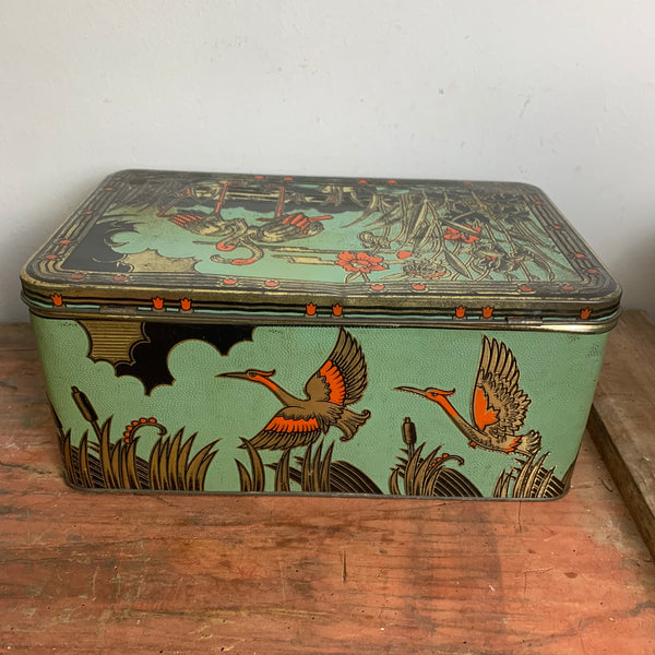 Art Deco Blechdose mit Kranichen und Flamingos