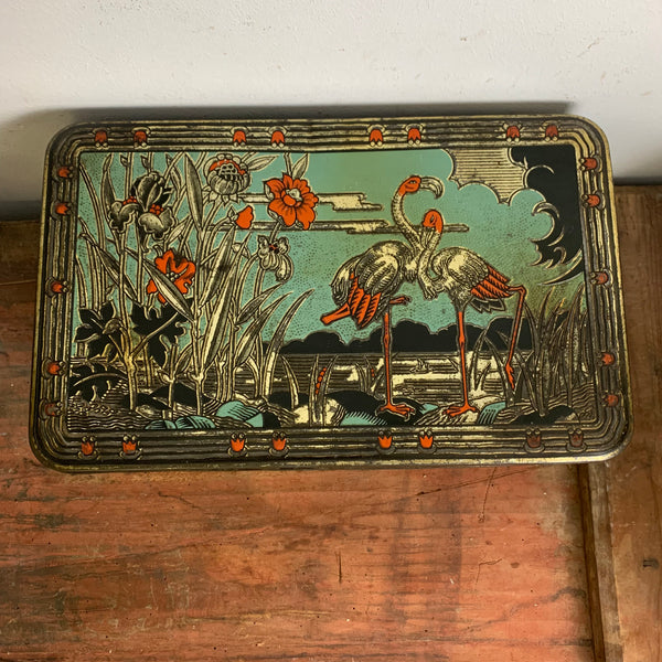 Art Deco Blechdose mit Kranichen und Flamingos