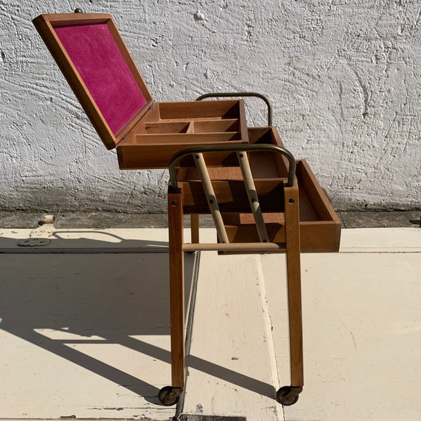 Mid Century Nähkasten aus Holz mit Ziehharmonika Schubladen