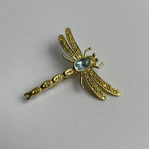 Libelle Brosche Gold mit Auquamarin