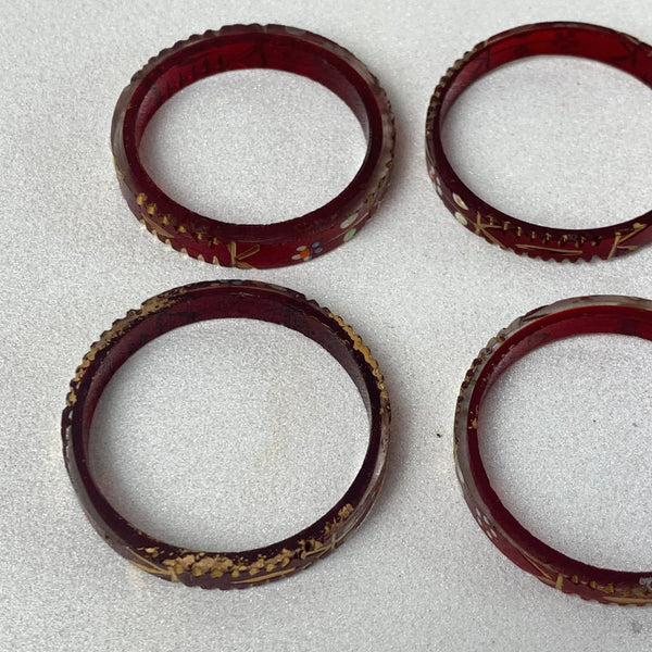 Böhmische Serviettenringe aus rotem Glas mit Emaille Malerei
