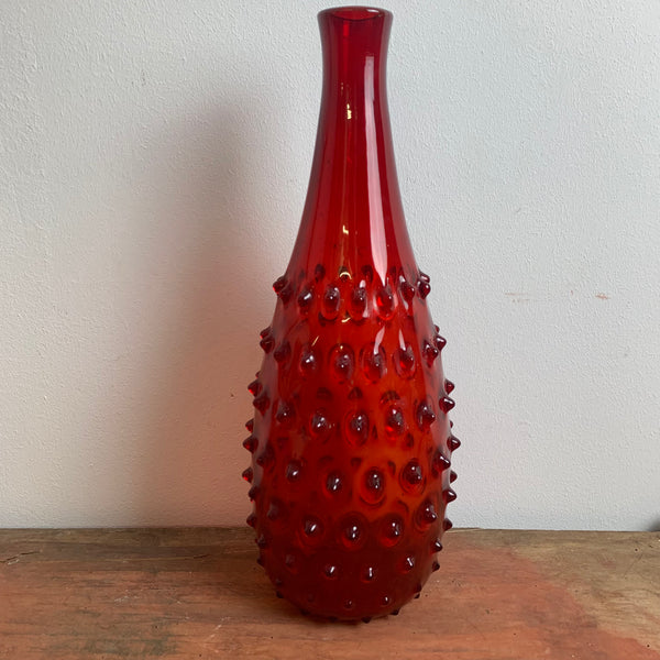 Große rote vintage Noppen Glas Vase Empoli Verde