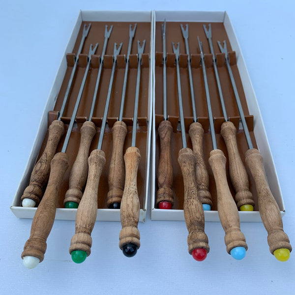 12 Fondue Forks / Gabeln mit Holzgriff 60er Jahre