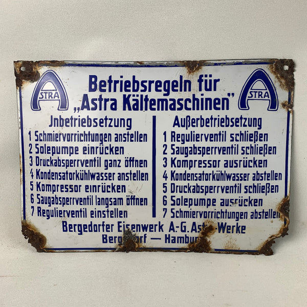 Emaille Schild Astra Kältemaschinen