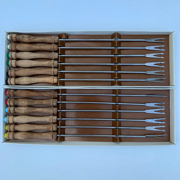 12 Fondue Forks / Gabeln mit Holzgriff 60er Jahre