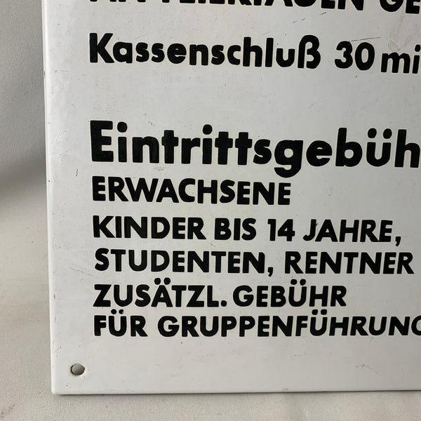 Großes Emaille Schild Öffnungszeiten und Eintrittspreise