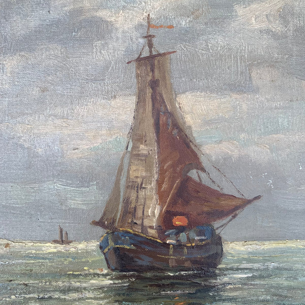 Gemälde Fischerboote vor Küste in Abenddämmerung von G. Weiskam