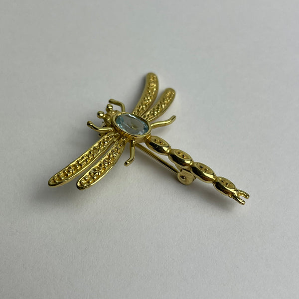 Libelle Brosche Gold mit Auquamarin