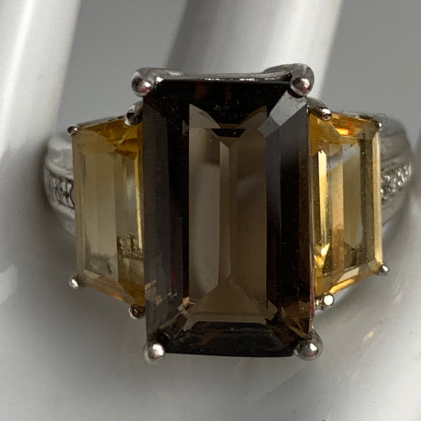 Sterling Silber Ring mit Rauchquarz, Citrin und Diamanten