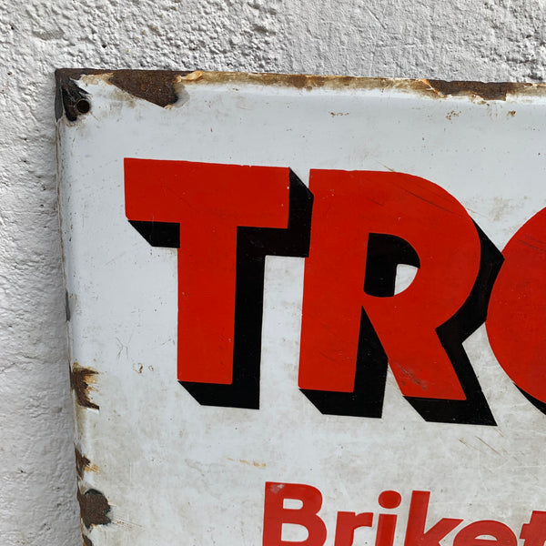 Emaille Schild Troll Briketts heizen sparen
