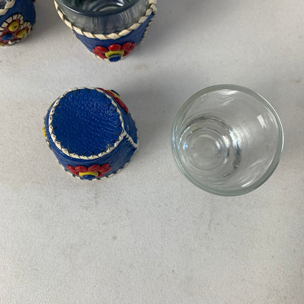 Mid Century 6er Set Schnapsglas mit Leder Hülle