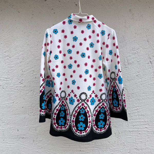 Vintage Bluse mit Trompetenärmeln türkisen Blumen