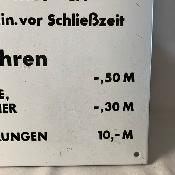Großes Emaille Schild Öffnungszeiten und Eintrittspreise