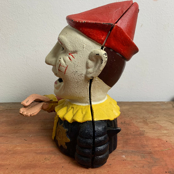Antike mechanische Spardose aus Gusseisen Humpty Dumpty Circus Clown